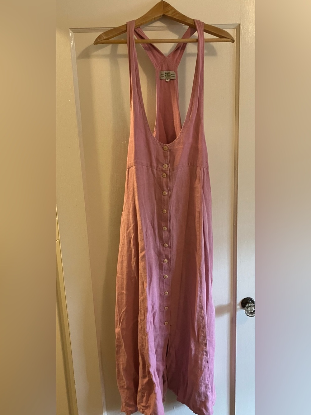 100% Hemp Pink Button-Front Linen Jumper Dress